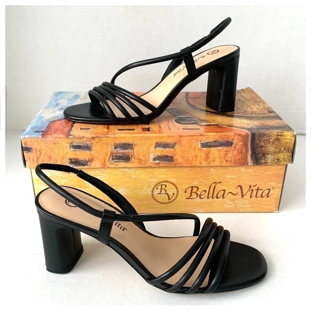Bella Vita Zariah Women's Black Leather Block Heel Sandals US 6 WW Wide New